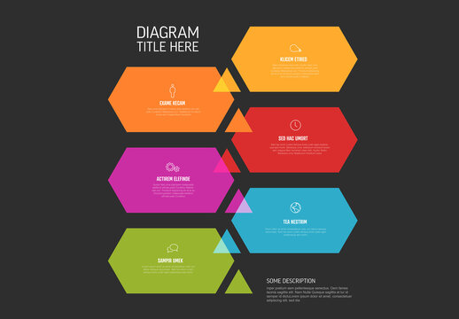 Six color steps process with hexagon content rectangles and triangle arrows on dark background