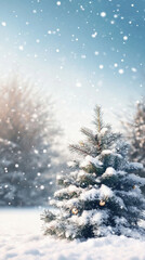 Fototapeta premium A small pine tree covered in snow stands in a snowy field. Concept of tranquility and peacefulness, as the tree stands alone in the midst of the snow