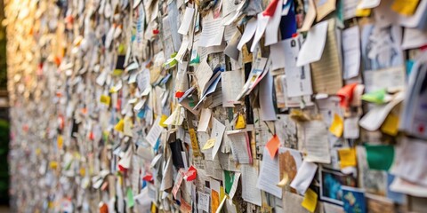 Fototapeta premium Close up photo of a wall covered in paper flyers and notices pinned all over , wall, papers, flyers, notices