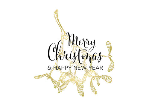 Handdrawn Merry Christmas white card with golden handdrawn mistletoe illustration in the background