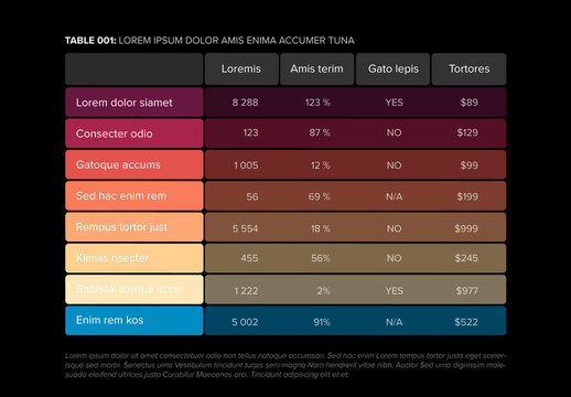 Simple stylized red color data table layout template with blue line on black background