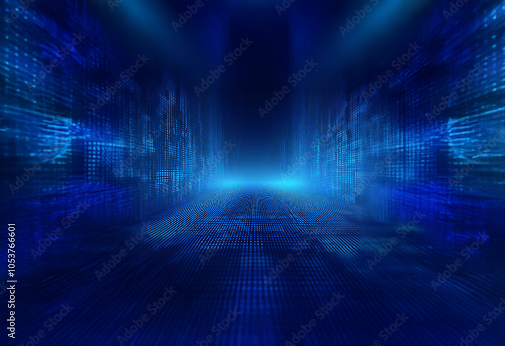 Poster a dark, futuristic corridor with glowing blue digital patterns on the walls and floor, creating a se