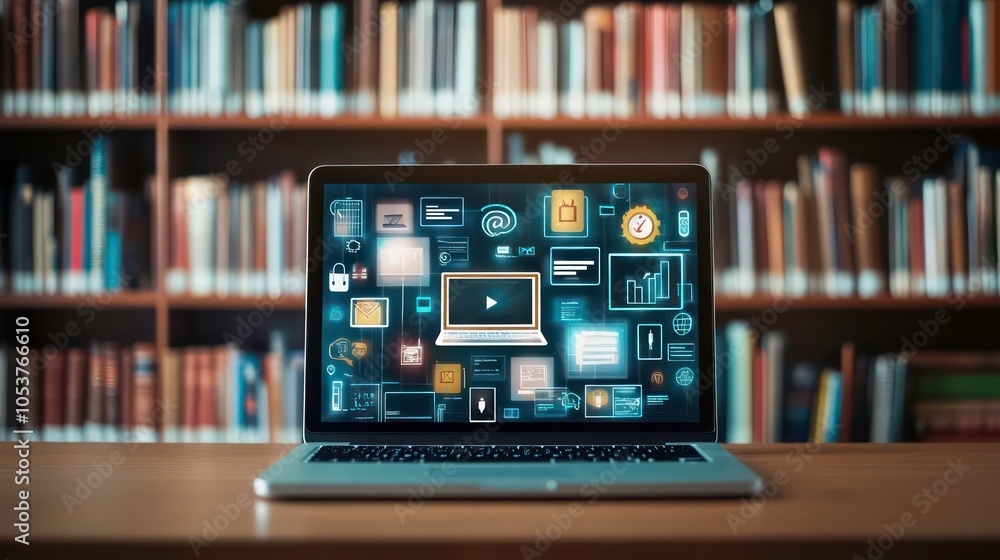 Poster a laptop computer with a screen displaying various digital icons, set against a backdrop of bookshel