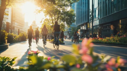 Obraz premium Cyclists and pedestrians enjoying a vibrant, sunlit urban street, surrounded by greenery and modern architecture, reflecting urban sustainability.