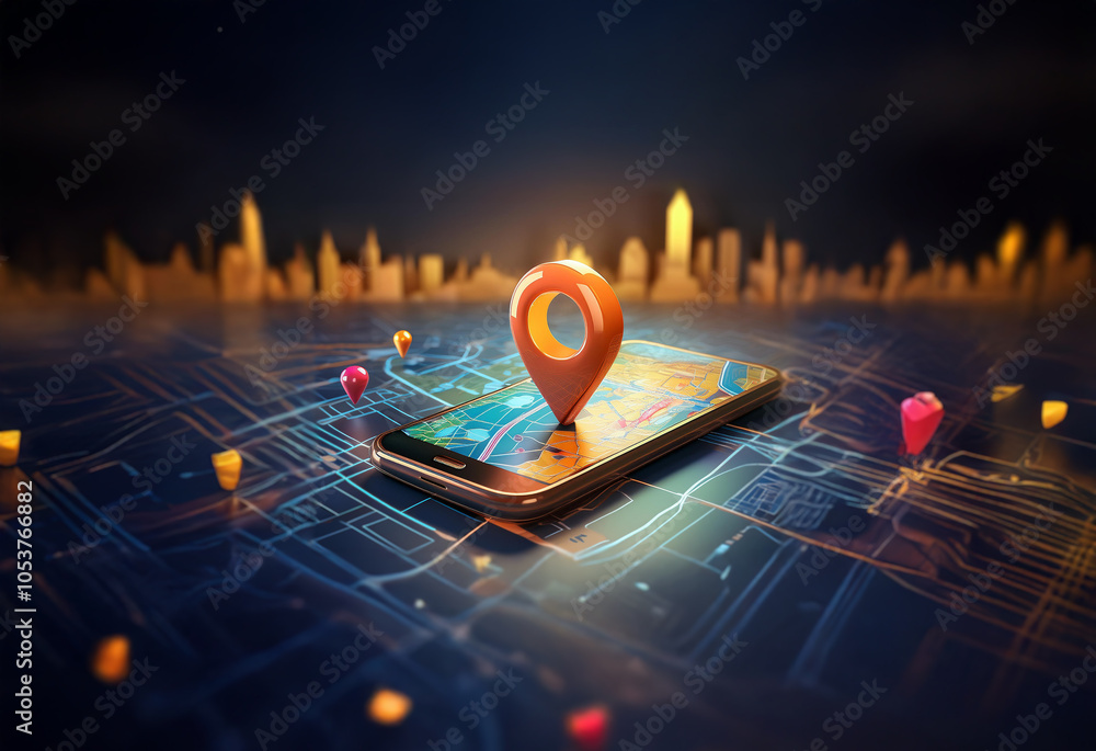Aufkleber A smartphone with a glowing orange pin on the screen, representing a location, with a cityscape in the background.