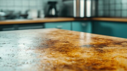 Close up of unclean messy kitchen countertops or table surface after meal visible traces of food spills and potential germs left behind