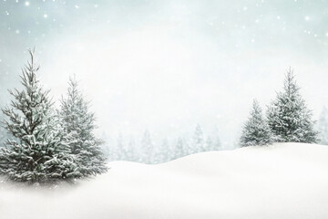 Fototapeta premium A snowy landscape with two pine trees in the foreground and a hill in the background. The scene is peaceful and serene, with the snow covering the ground and the trees providing a sense of warmth