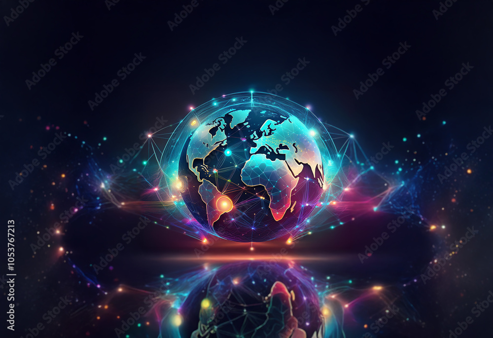 Poster A glowing, digital globe with connecting lines of light, representing global connectivity and technology.