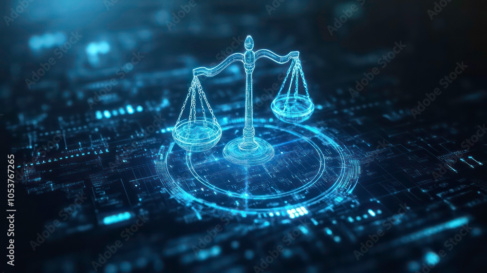 Poster A digital representation of a scale of justice on a circuit board, symbolizing the intersection of law and technology.