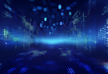 A digital abstract of a blue, pixelated tunnel with a blurred, bright light at the end.