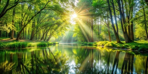 Naklejka premium Sunlight streaming through the forest onto a serene pond , forest, nature, sunlight, trees, pond, water, reflections