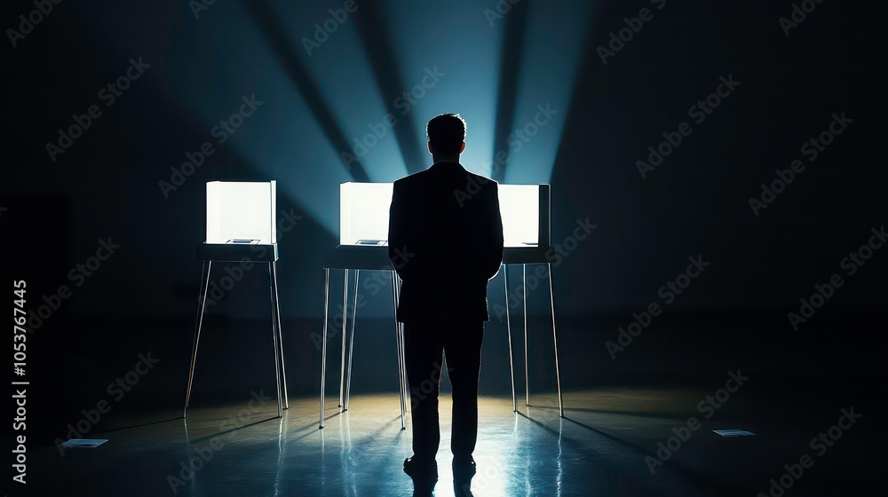 Poster a silhouette of a person stands before three illuminated screens in a dark space.