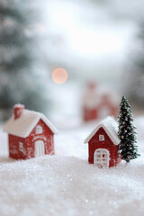 Fototapeta premium A small red house with a white roof is surrounded by snow. A small tree is in the snow next to the houses. The scene is peaceful and serene