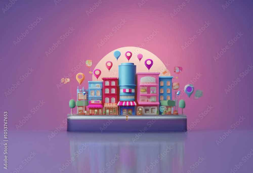 Poster a 3d rendering of a colorful city skyline with shops and buildings at night. a crescent moon shines 