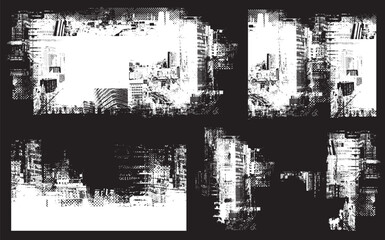 Fototapeta premium Set abstract patterns backgrounds with chaotic layering of newspaper text, illustrations modern city, headlines in urban street style on black background. Creative vector in grunge style