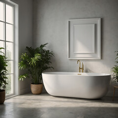 Modern Minimalist Bathroom Bathtub With A Large  Frame On The Wall, Interior Design Wall Art Mockups