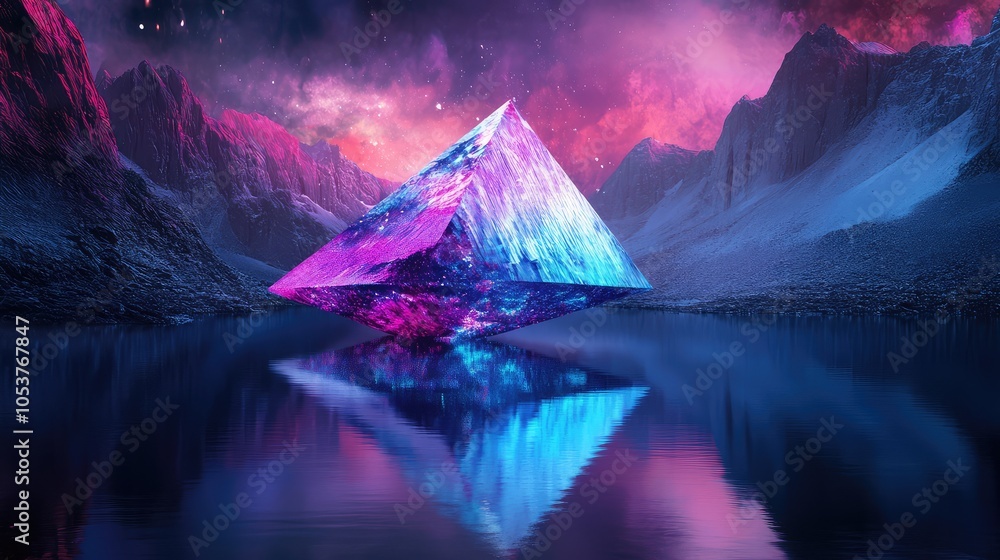 Aufkleber an abstract geometric shape floating above a dark lake, glitching and dissolving into vibrant neon b
