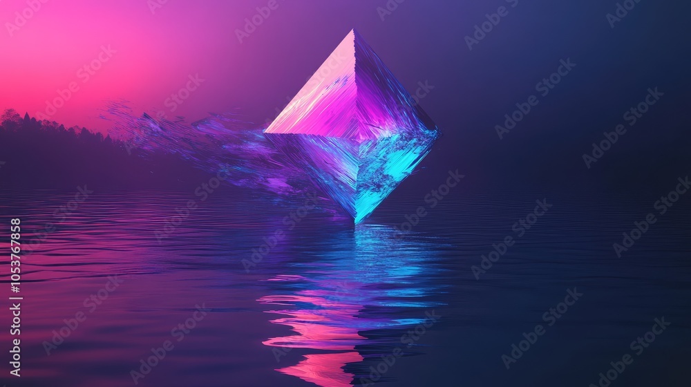 Poster an abstract geometric shape floating above a dark lake, glitching and dissolving into vibrant neon b