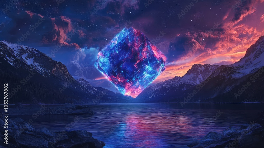 Poster an abstract geometric shape floating above a dark lake, glitching and dissolving into vibrant neon b