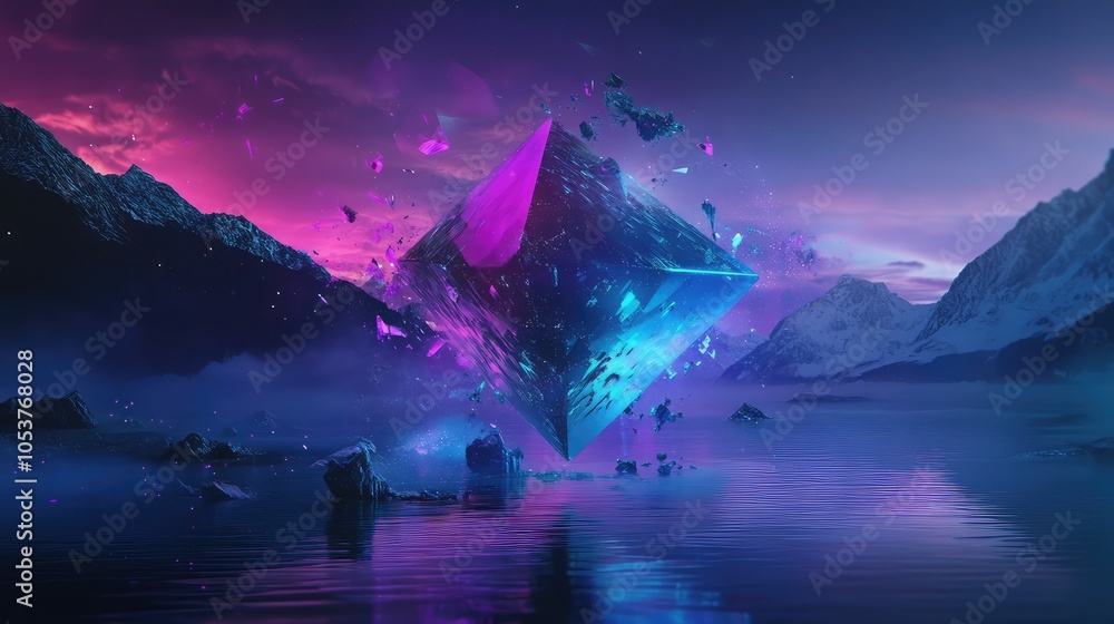 Aufkleber an abstract geometric shape floating above a dark lake, glitching and dissolving into vibrant neon b