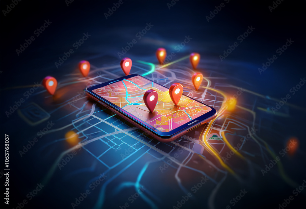 Leinwandbilder a smartphone lays on a glowing map, its screen displaying multiple red location pins.