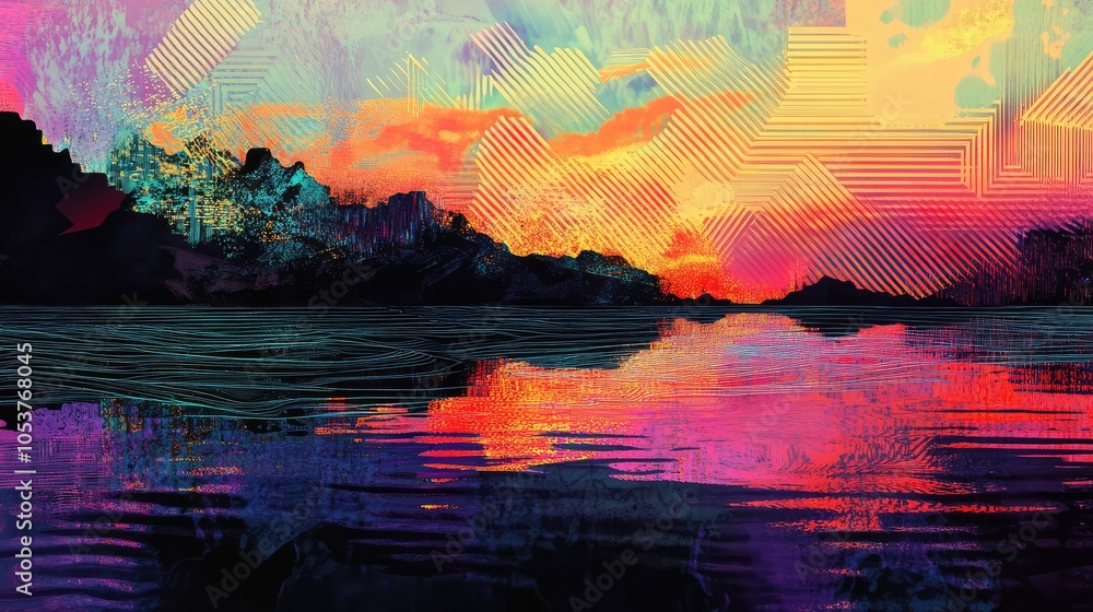 Poster an abstract representation of a geometric figure glitching above a lake, with chaotic neon waves and
