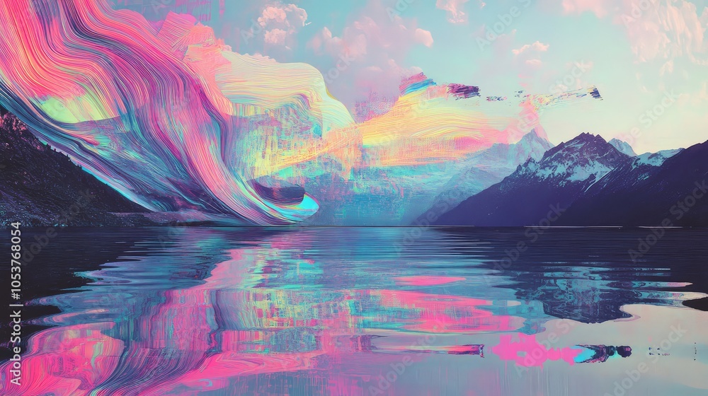 Poster an abstract representation of a geometric figure glitching above a lake, with chaotic neon waves and