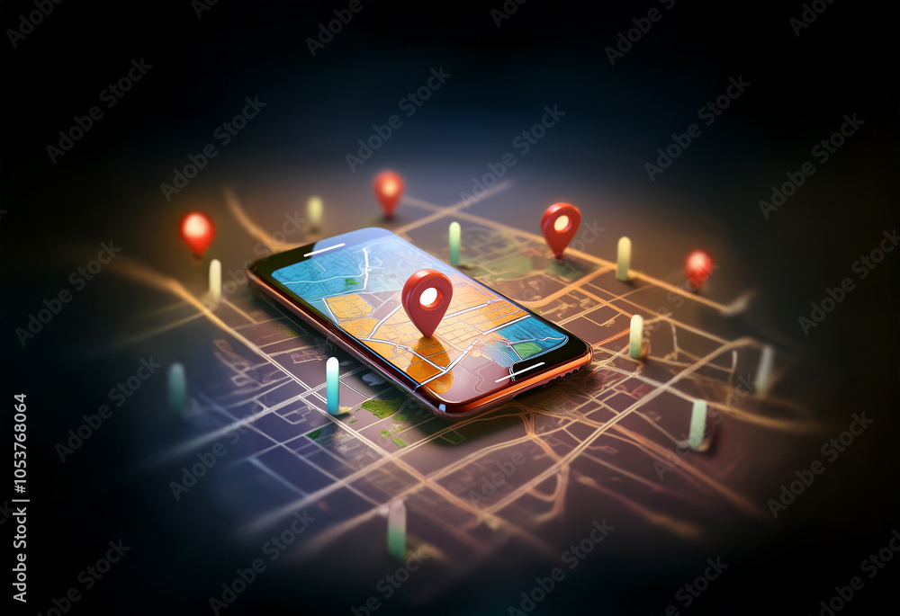 Fototapete A smartphone sits on a digital map with multiple location pins, representing GPS navigation.