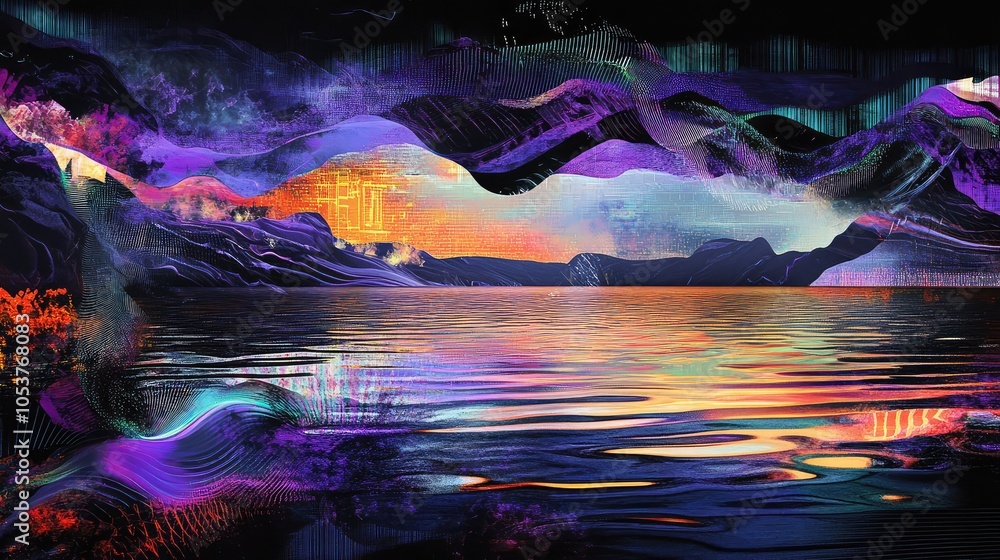 Poster an abstract representation of a geometric figure glitching above a lake, with chaotic neon waves and