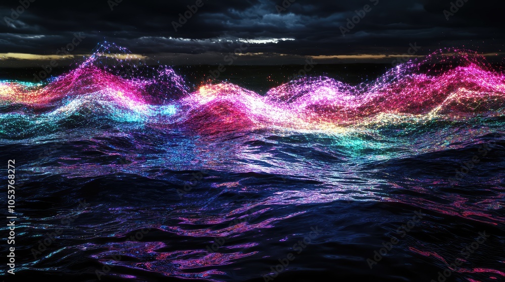 Poster an ethereal geometric form breaking into pixels above a dark water surface, illuminated by chaotic w