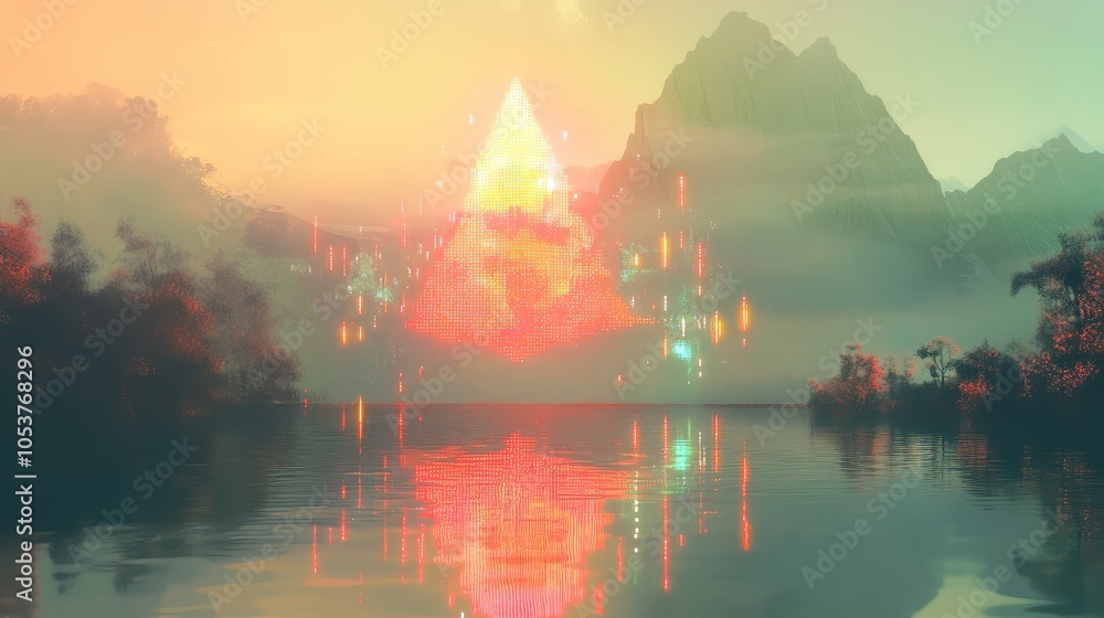 Poster an ethereal geometric form dissolving into electric noise over a tranquil lake, with bright glitch p