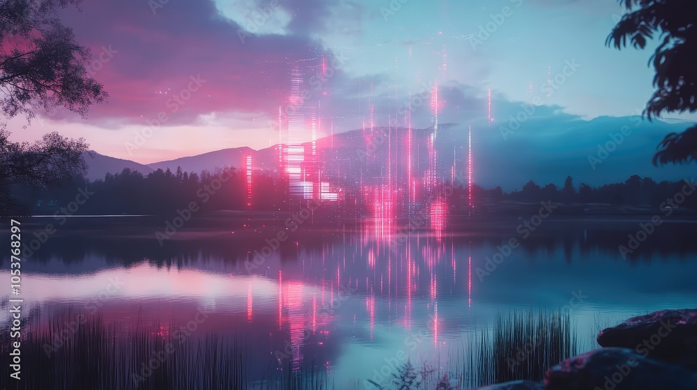 Poster an ethereal geometric form dissolving into electric noise over a tranquil lake, with bright glitch p