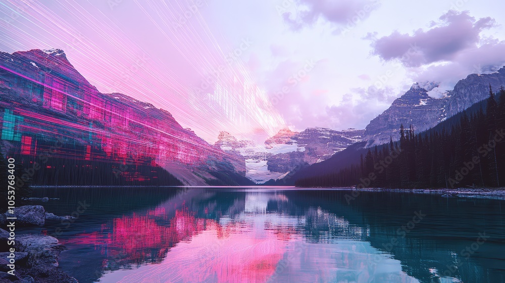 Poster an ethereal geometric form dissolving into electric noise over a tranquil lake, with bright glitch p