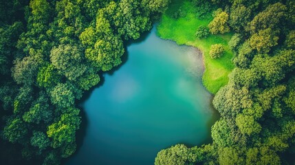 Naklejka premium A breathtaking aerial view of a serene lake encircled by a lush forest, showcasing the tranquility and beauty of a natural oasis