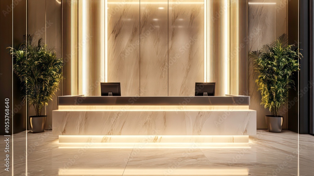 Poster modern reception area with elegant lighting and minimalist design.