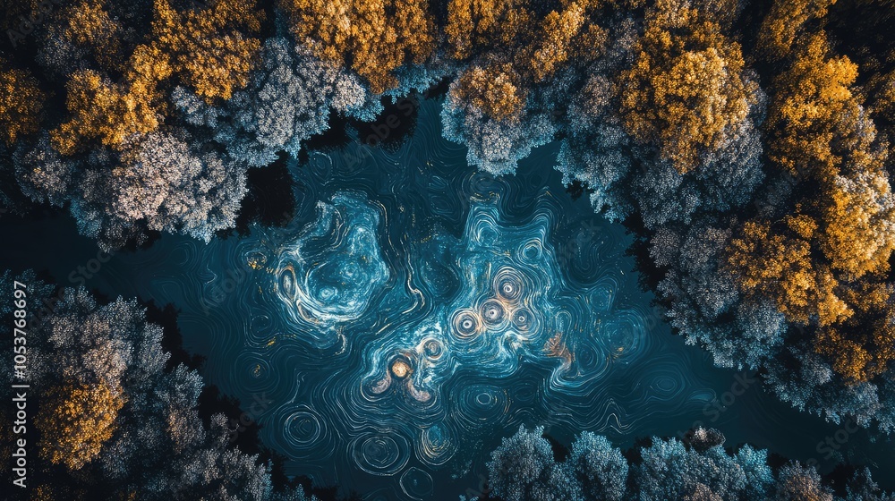 Aufkleber a mesmerizing aerial view of a forest and lake, with intricate patterns formed by the treetops and t