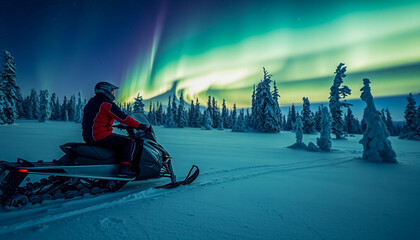 Snowmobile trail under vivid aurora borealis in Arctic skies