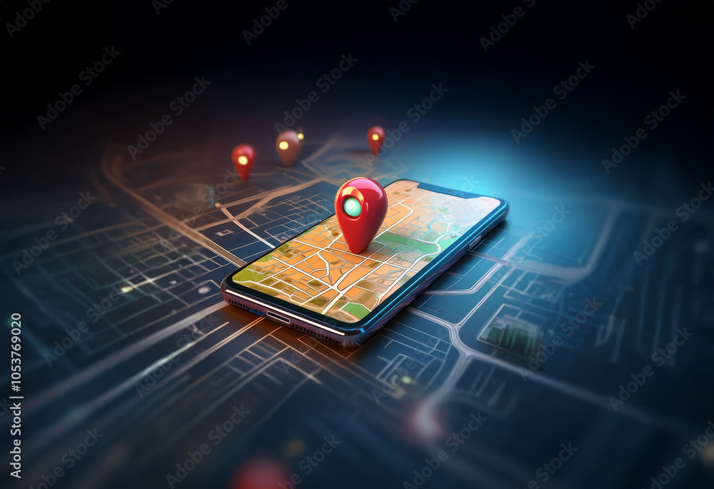 Leinwandbilder a smartphone displays a map with a red pin, representing a location, on the screen. multiple pins ar