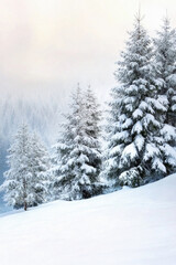 Fototapeta premium A snowy landscape with three pine trees in the foreground. The trees are covered in snow and the sky is cloudy. The scene has a peaceful and serene atmosphere