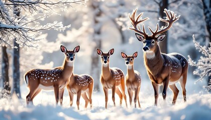 Obraz premium A small group of deer standing quietly in a snowy forest clearing, bathed in soft morning light that highlights their breath against a serene winter landscape