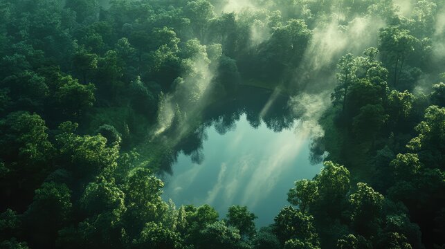 A stunning overhead shot of a forest with a tranquil lake nestled within, highlighting the interplay of trees and water under soft sunlight