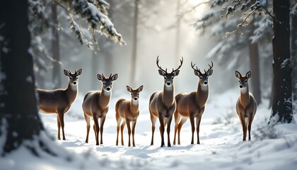 Obraz premium A small group of deer standing quietly in a snowy forest clearing, bathed in soft morning light that highlights their breath against a serene winter landscape