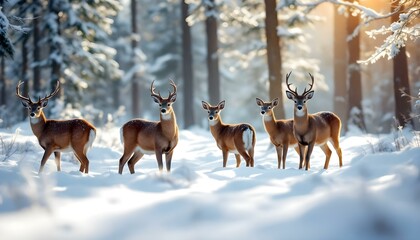 Obraz premium A small group of deer standing quietly in a snowy forest clearing, bathed in soft morning light that highlights their breath against a serene winter landscape