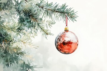 Glossy Christmas ball hanging from tree watercolor style isolated on white background for holiday-themed designs