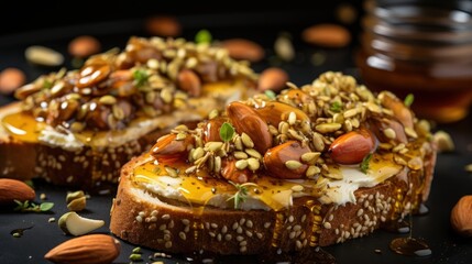 Fototapeta premium Honey Glazed Toast with Toasted Almonds and Seeds, Drizzled with Sweet Nectar
