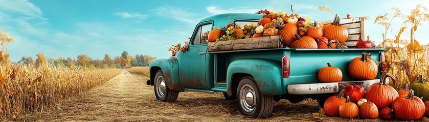 Vintage pickup truck full of pumpkins in a field.