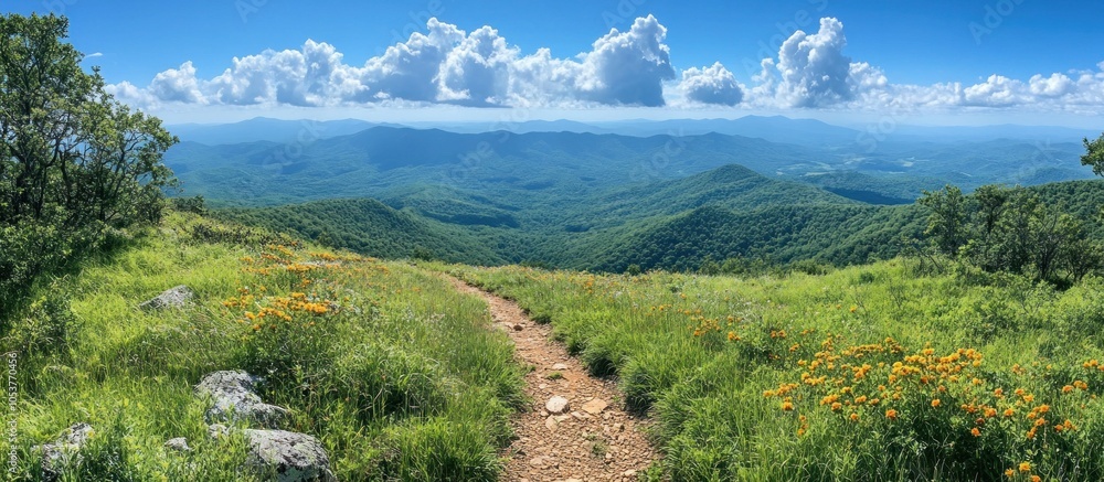 Poster a winding path through a lush mountain meadow with a panoramic view of rolling hills and a blue sky 