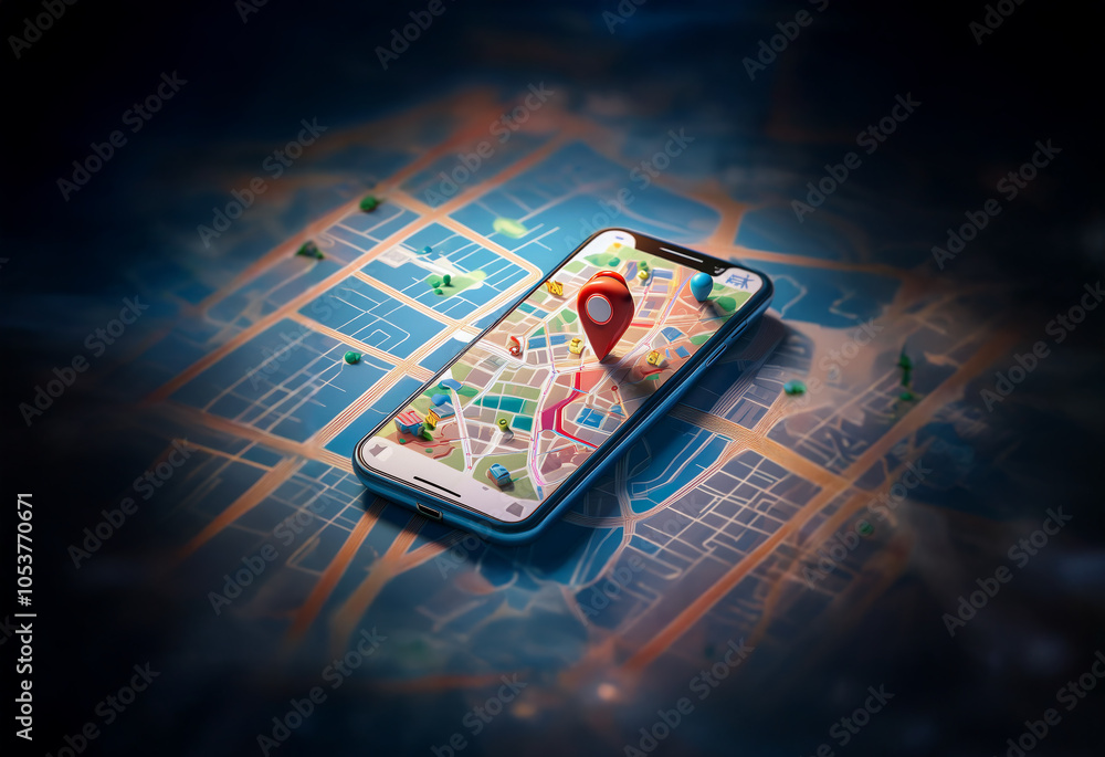 Fototapete a smartphone displaying a map with a red pin on the screen.
