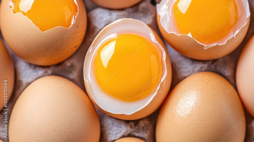 Aufkleber close up view of raw cracked eggs with textured shells resting on a surface showcasing the depth of 