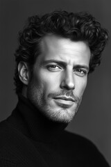 Fototapeta premium Black-and-white photograph of a charismatic masculine Italian man with curly hair, wearing a black turtleneck sweater